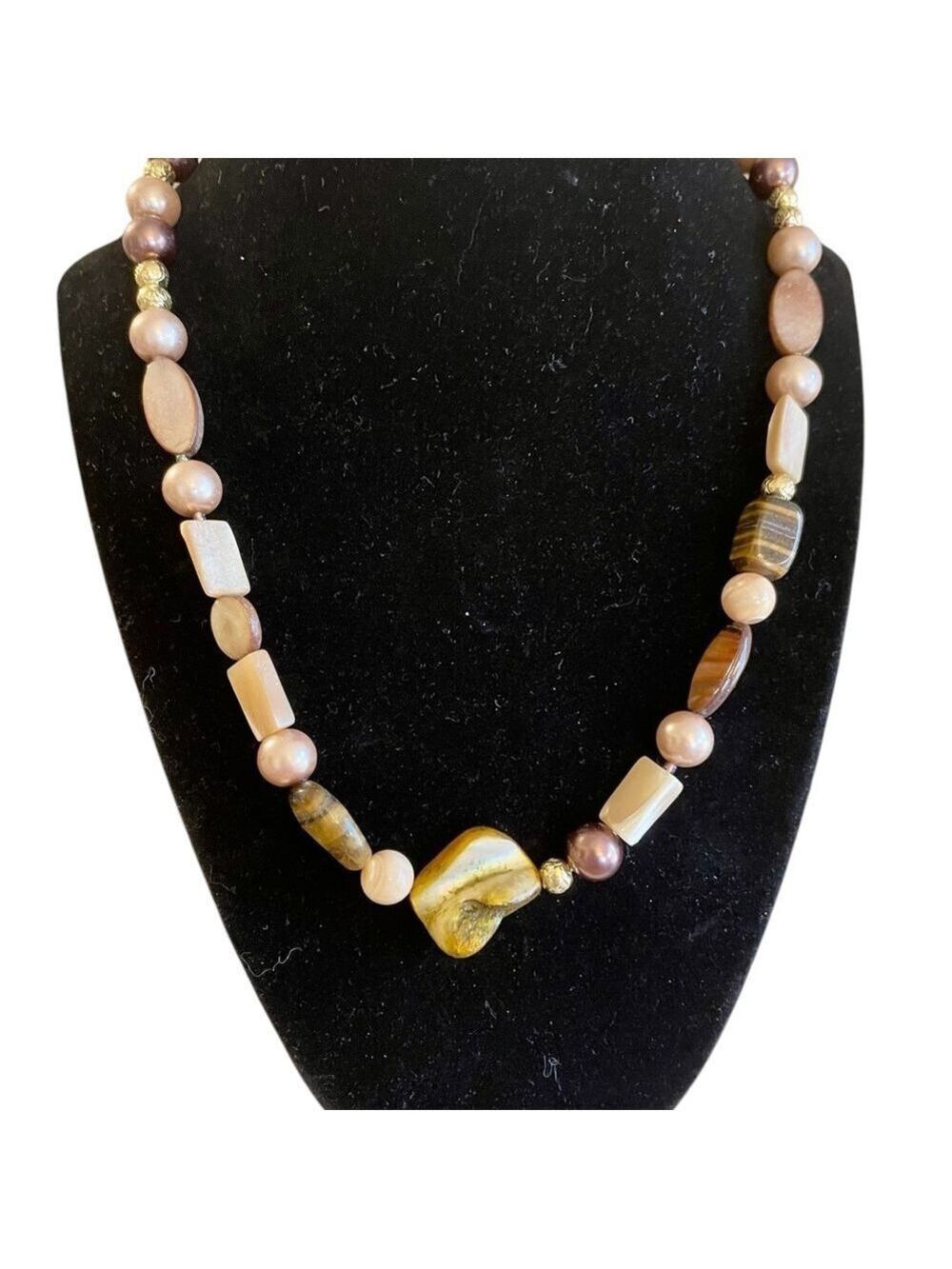 Gold Brown Beaded Necklace Natural Stones Beige